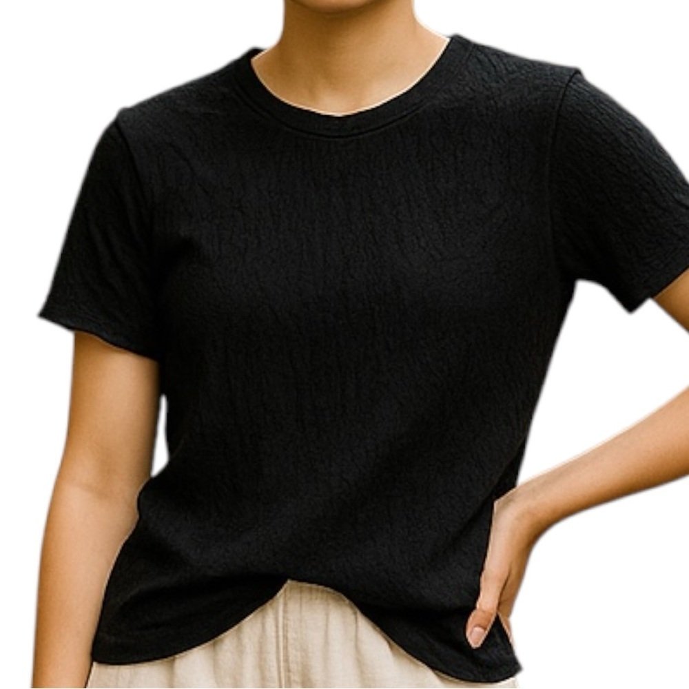 DKNY New Sz L Black short sleeve distinct textured crinkled fabric T-Shirt | NWT